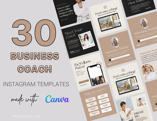 30 Canva Templates for Business Coach | Social Media Templates | Aesthetic Branding & Marketing Kit - The Creagency LLC